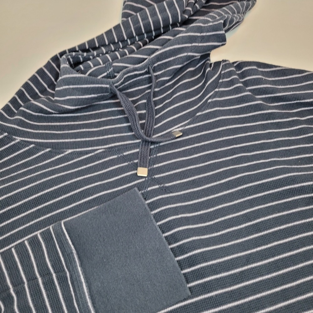 L.L.Bean Waffle Knit Hoodie Mens Large Blue White Striped Excllnt Thermal 508236